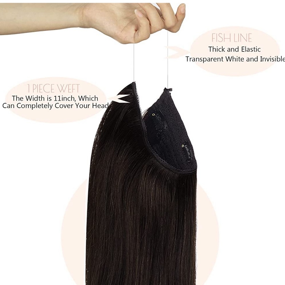 18” Jet Black #1 Fish Wire Halo 100% Human Hair Extensions 95g 1pc Item#GA - Picture 15 of 16
